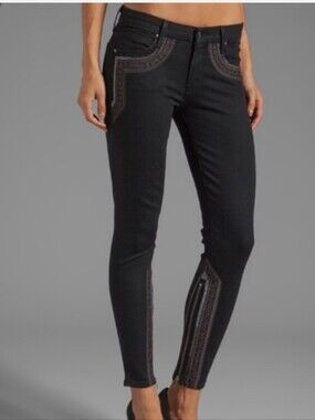 MOTHER Black Skinny Jeans with Embroidered Trim
